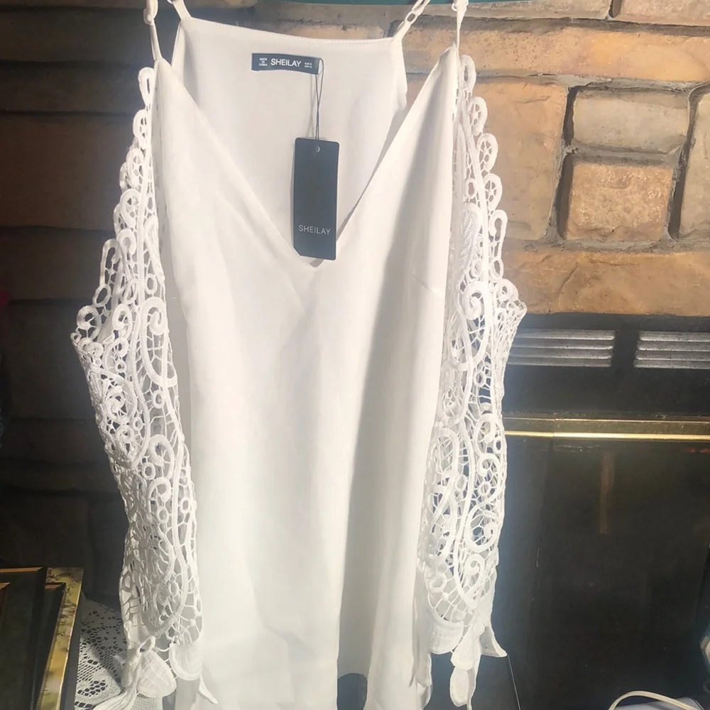 Women’s white Sheilay cold Shoulder spring eyelet crochet blouse - Picture 3 of 14